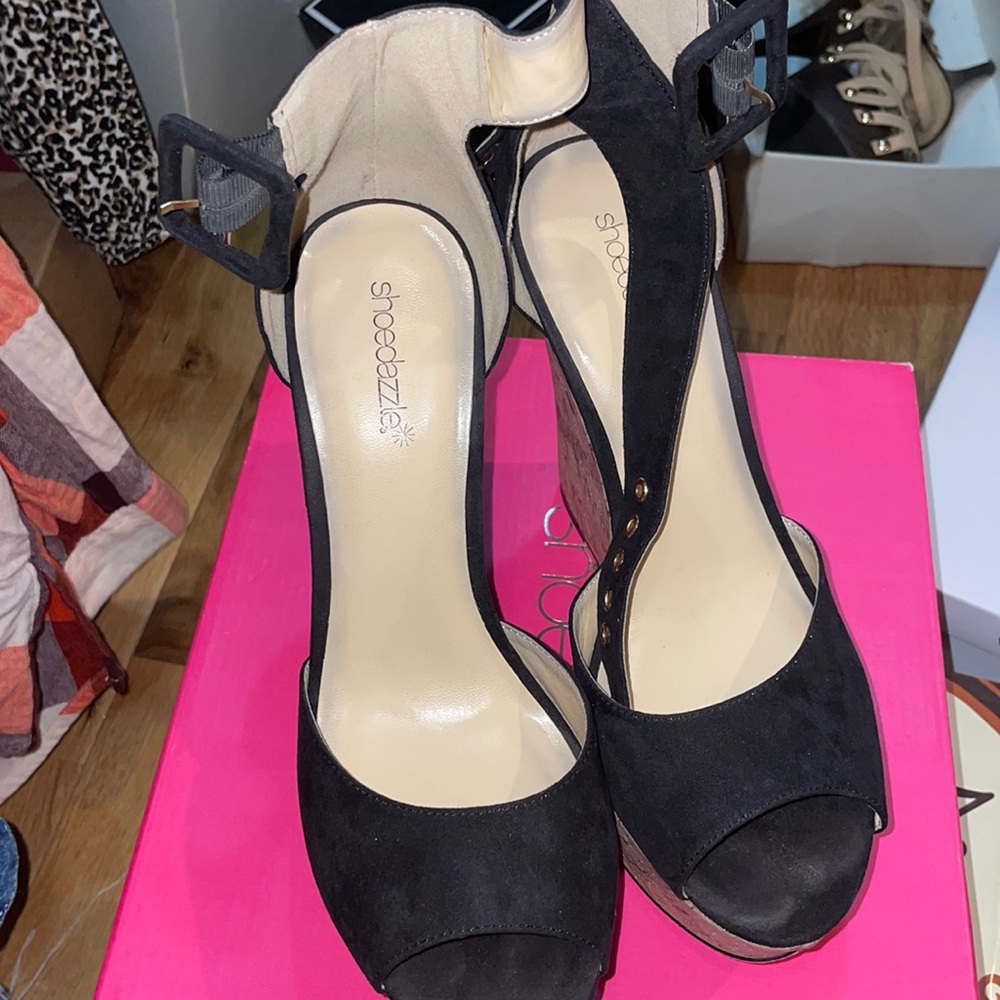 Black Microsuede cork wedge
